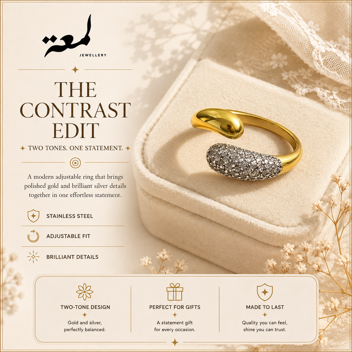 Two-Tone Pavé Adjustable Ring